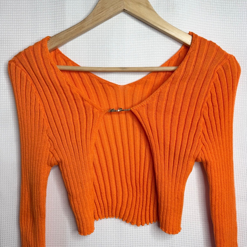 Haute Couture Orange Ribbed Knit Open Front Crop Top Long Sleeve Sexy Fall Large